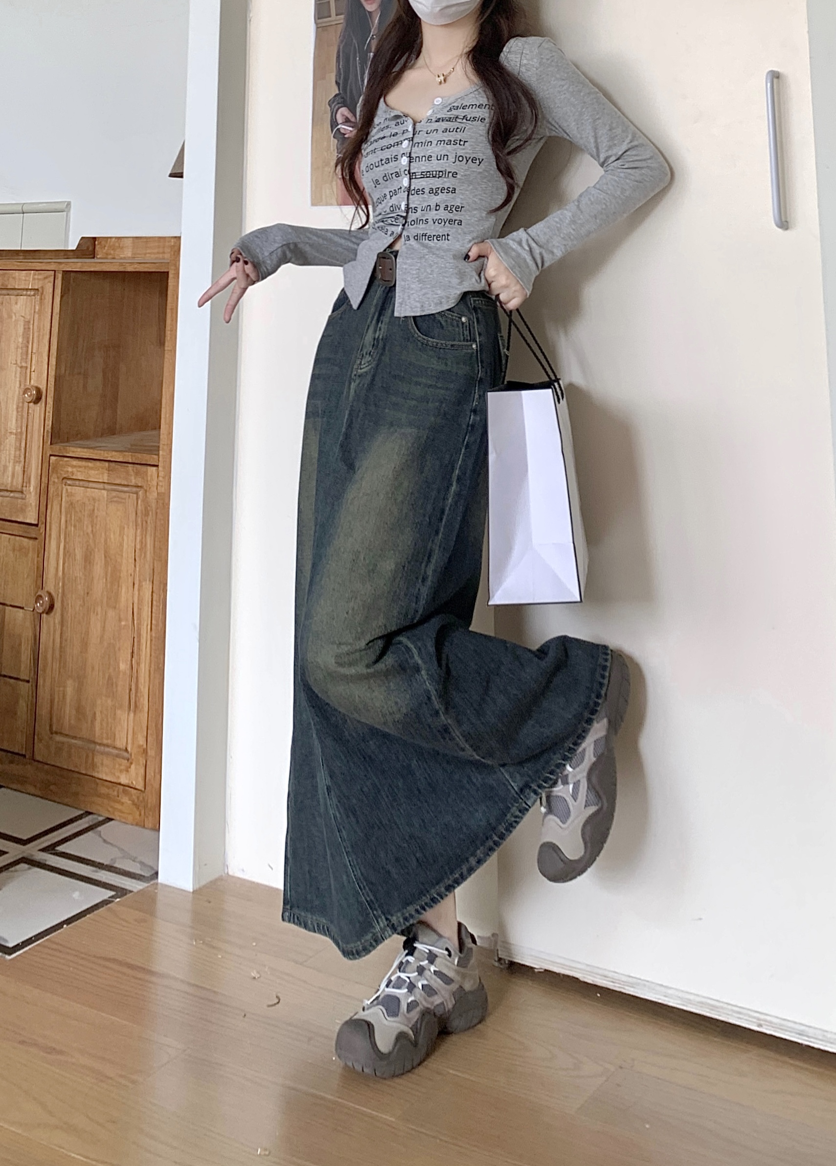 Actual shot #Autumn and winter new style pocket zipper denim skirt washed nostalgic denim A-line skirt long skirt