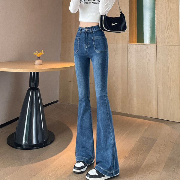 RM25200#微喇牛仔裤女秋季2023年新款高腰显瘦弹力马蹄喇叭口袋设计