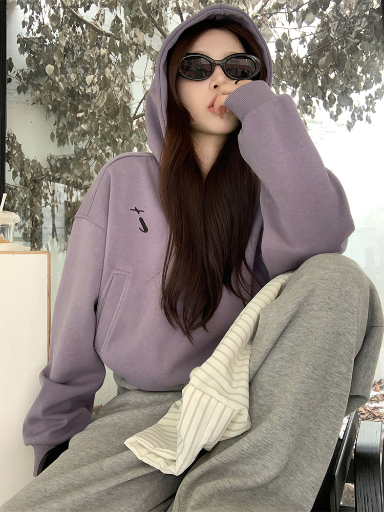 Actual shot of early spring Korean chic simple embroidered purple thickened warm hooded short sweatshirt
