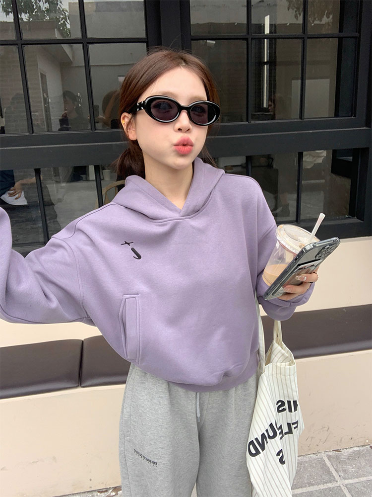 Actual shot of early spring Korean chic simple embroidered purple thickened warm hooded short sweatshirt