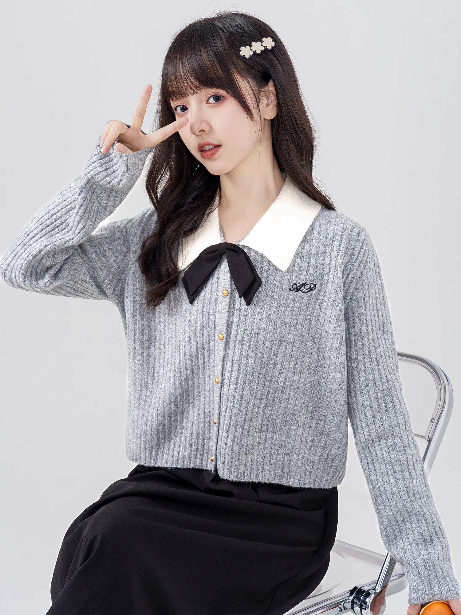 Bokaqi  autumn and winter new lapel bow knitted cardigan women's college style niche contrast color short sweater