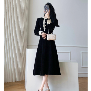 RM25325#气质女装圆领长袖显瘦大码中长裙花边拼接法式灯芯绒裙子