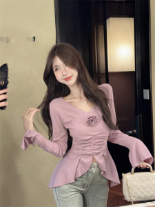 RM25341#法式v领纯欲风修身褶皱开叉立体花朵上衣