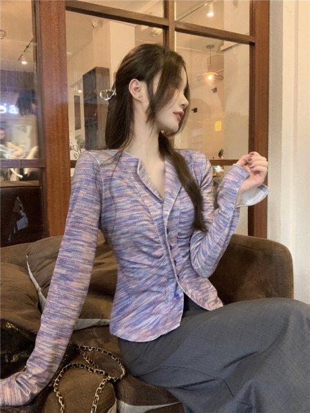 RM25250#紫色长袖褶皱显瘦甜辣短款开衫上衣后开叉高腰西装半身裙