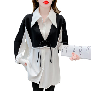 RM25291#休闲风韩版设计感拼接衬衫女宽松型假两件大气修身百搭上衣