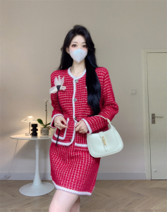 RM25348#圆领外套+短半身裙两件套女2023秋冬季气质名媛红色小香风套装裙