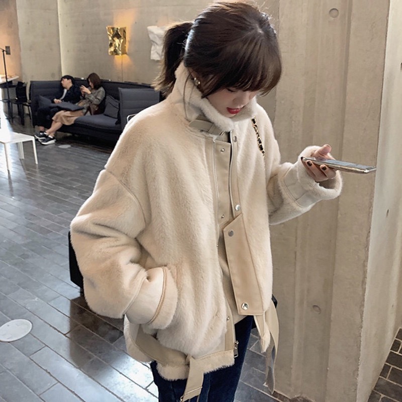 Winter short lamb wool coat for women Korean style loose thickened stand collar motorcycle mink plush fur all in one