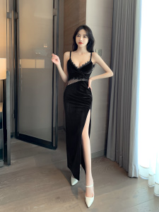 Lace Splice Hollow out Tight Strap Dress with Gold Velvet Bottom Dress