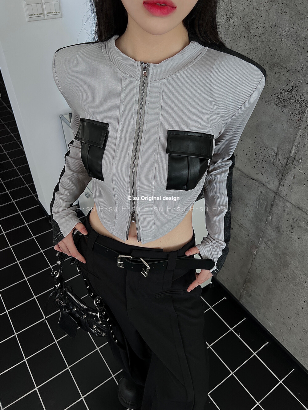 秋季新款 韩版时尚设计感撞色口袋拉链开衫修身复古百搭短款上衣