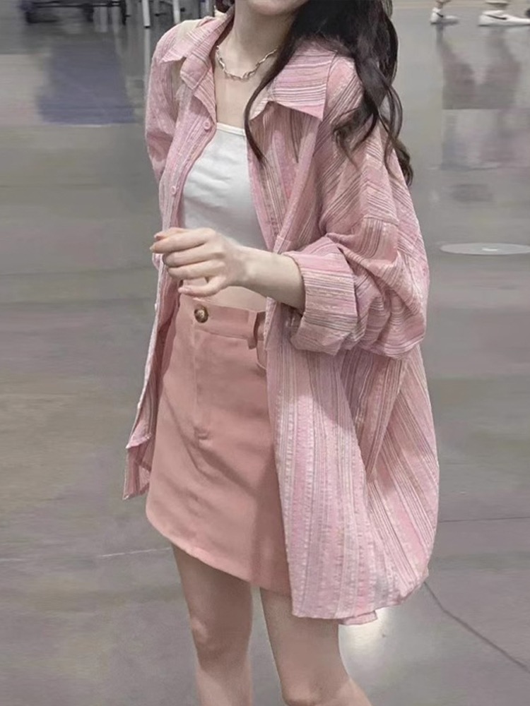 粉色条纹衬衫新款女装上衣设计感小众薄款外套