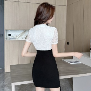 Lace Panel Contrast Tight Wrap Hip Short Sleeve Slim Fit Bottom Dress