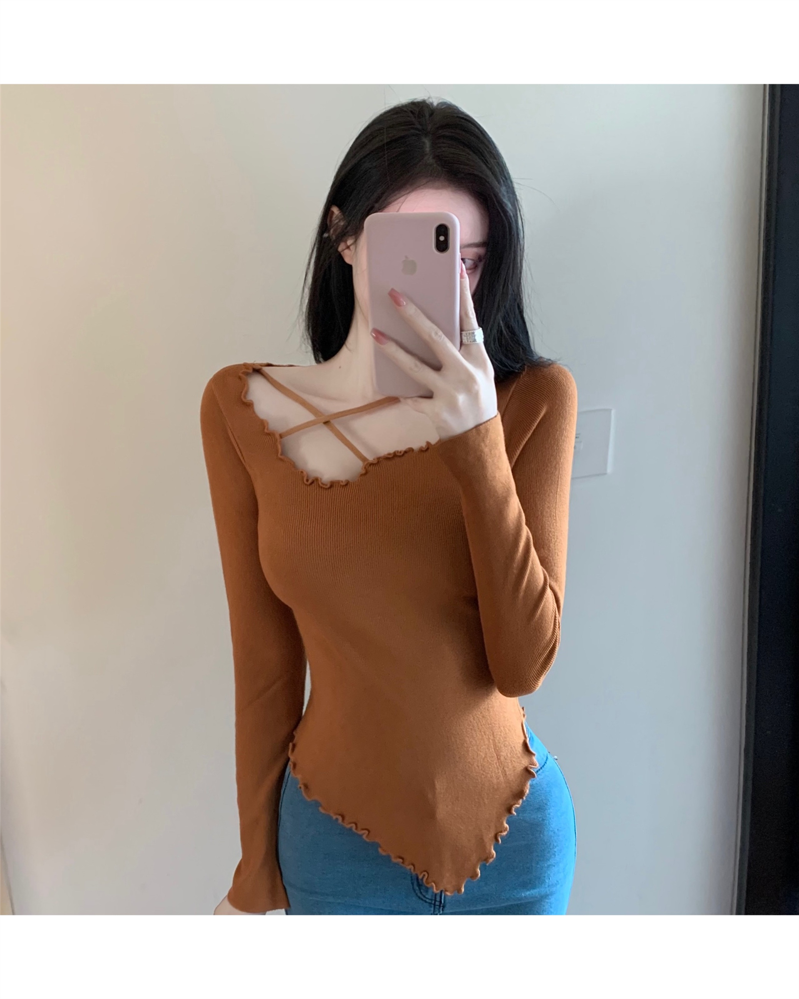 Actual shot~Autumn and winter style foreign-style irregular collarbone top sweater knitted bottoming shirt for women
