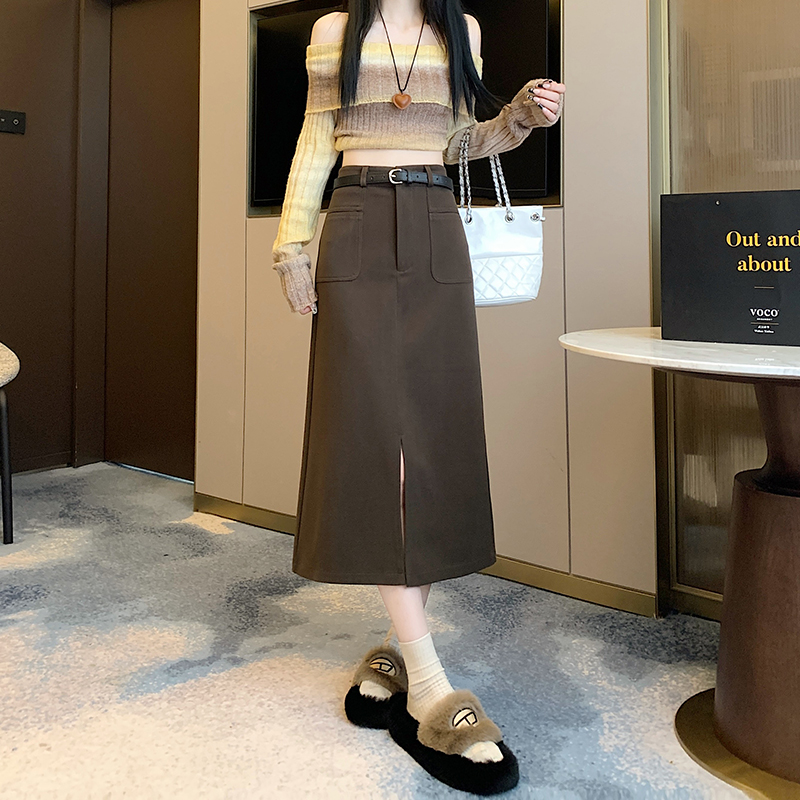實拍百搭顯瘦包臀裙女毛呢長裙子2025秋冬新款高腰中長款半身裙