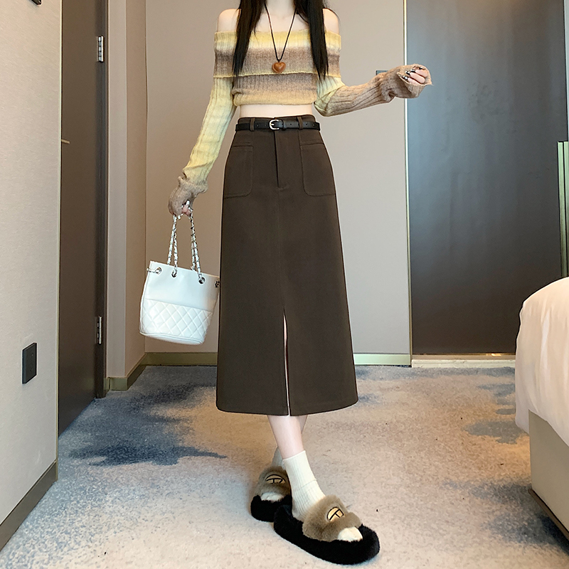 實拍百搭顯瘦包臀裙女毛呢長裙子2025秋冬新款高腰中長款半身裙