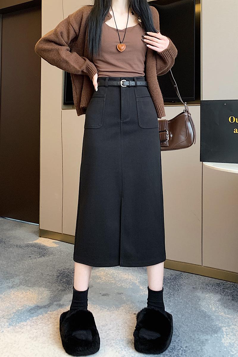 實拍百搭顯瘦包臀裙女毛呢長裙子2025秋冬新款高腰中長款半身裙