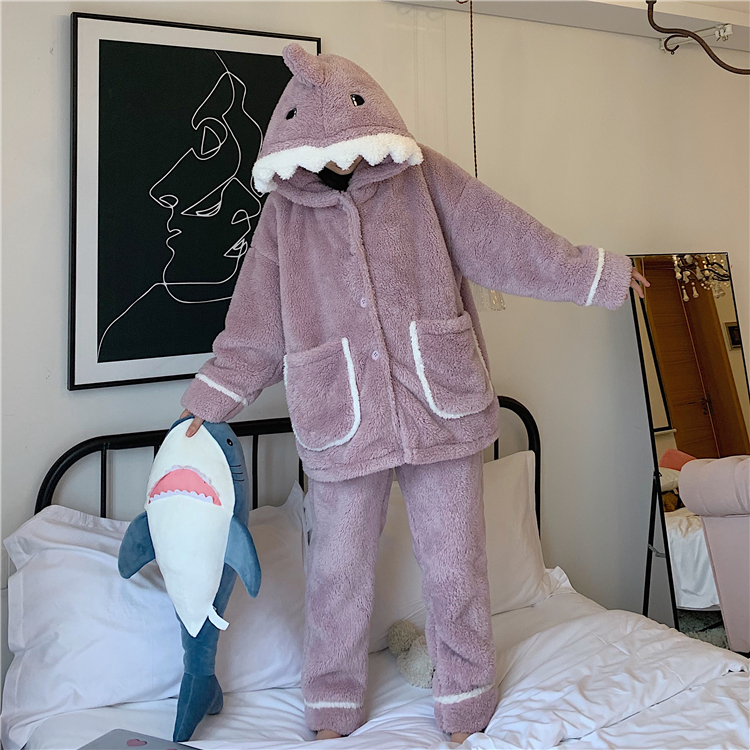 Real shot of Korean style funny shark pajamas for girls, cute student home clothes set