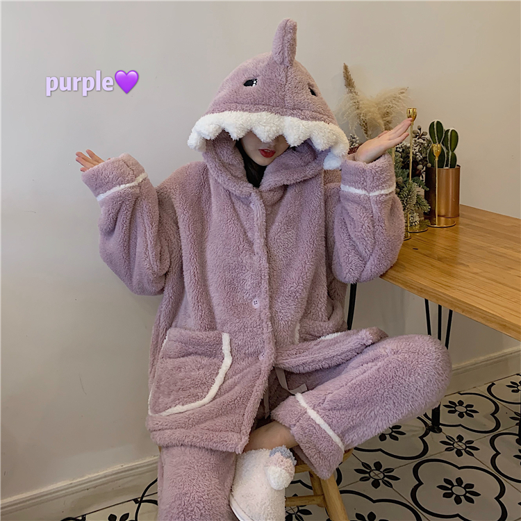 Real shot of Korean style funny shark pajamas for girls, cute student home clothes set