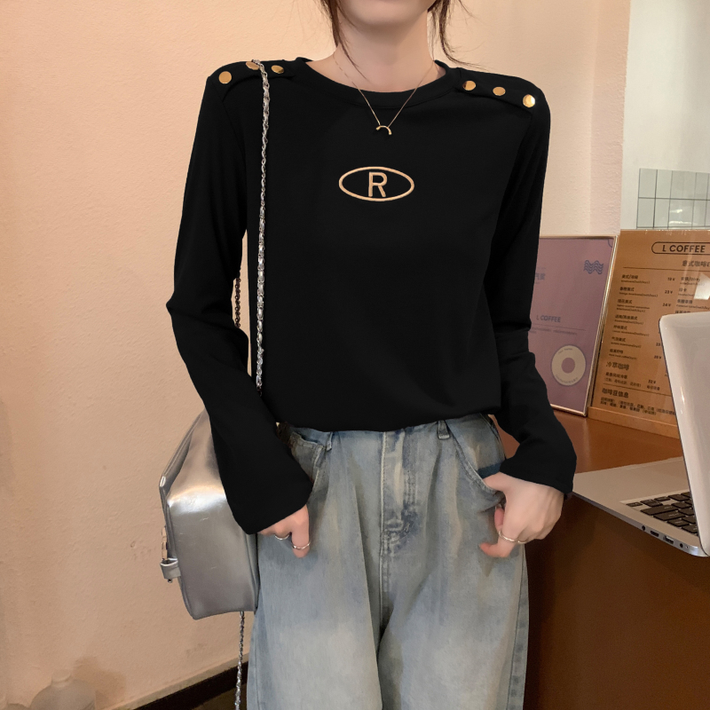 實拍 秋冬重工字母刺繡修身顯瘦打底衫女洋氣修身長袖T恤上衣