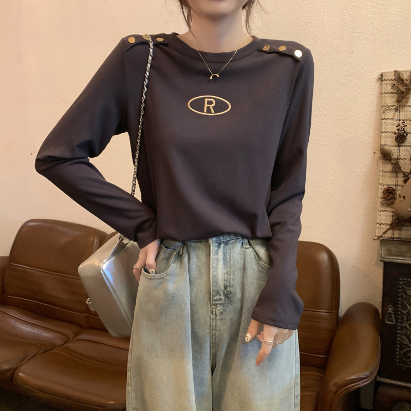 實拍 秋冬重工字母刺繡修身顯瘦打底衫女洋氣修身長袖T恤上衣