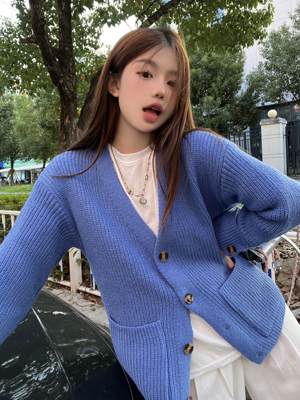 Actual shot of three standard autumn and winter French gentle and chic knitted cardigan sweater jackets