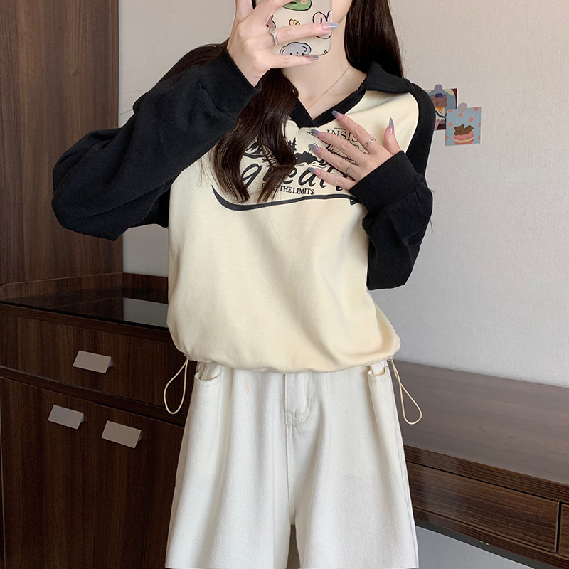 Actual shot of spring Korean style loose 230g POLO collar cartoon print mid-length large size thin sweatshirt for women