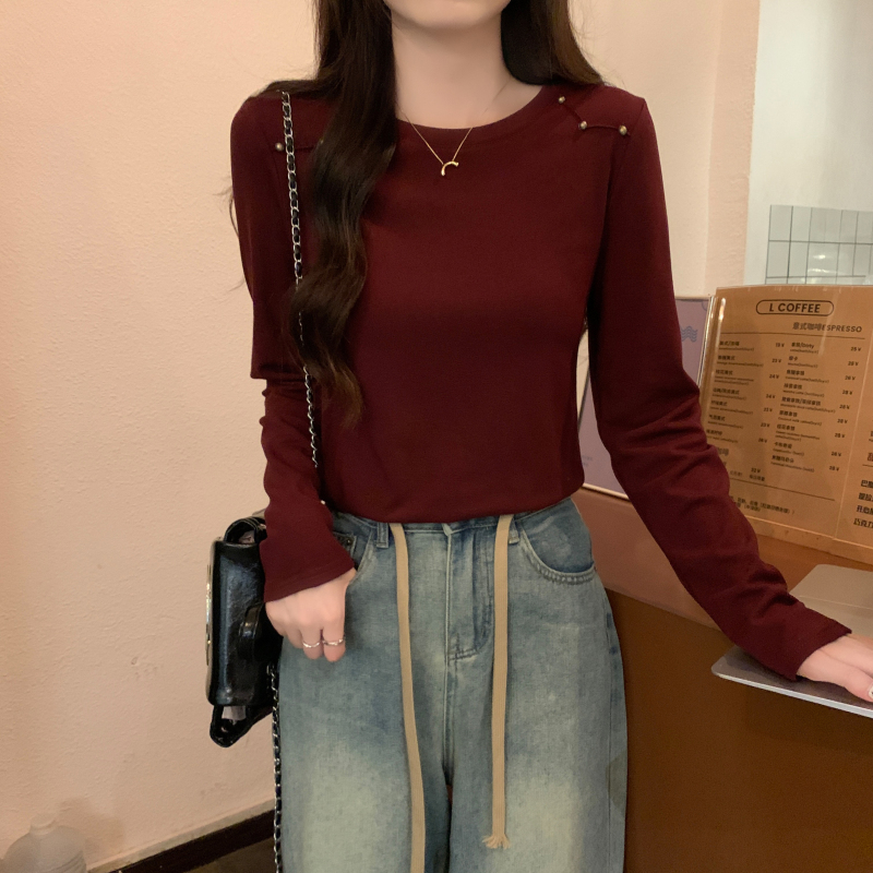 實拍 高級感百搭時尚長袖T恤新款洋氣釘珠顯瘦內搭打底衫上衣