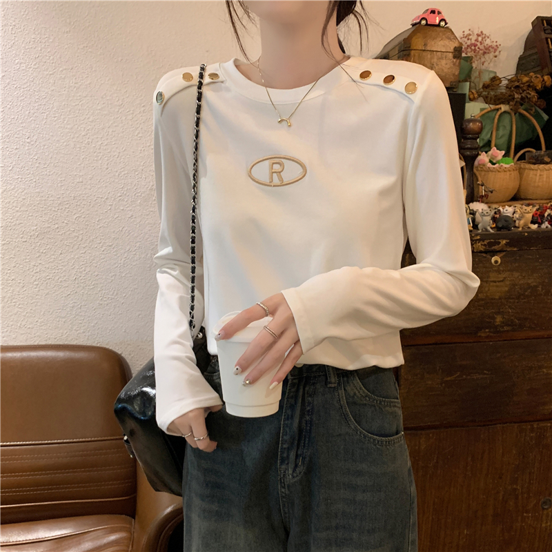 實拍 秋冬重工字母刺繡修身顯瘦打底衫女洋氣修身長袖T恤上衣