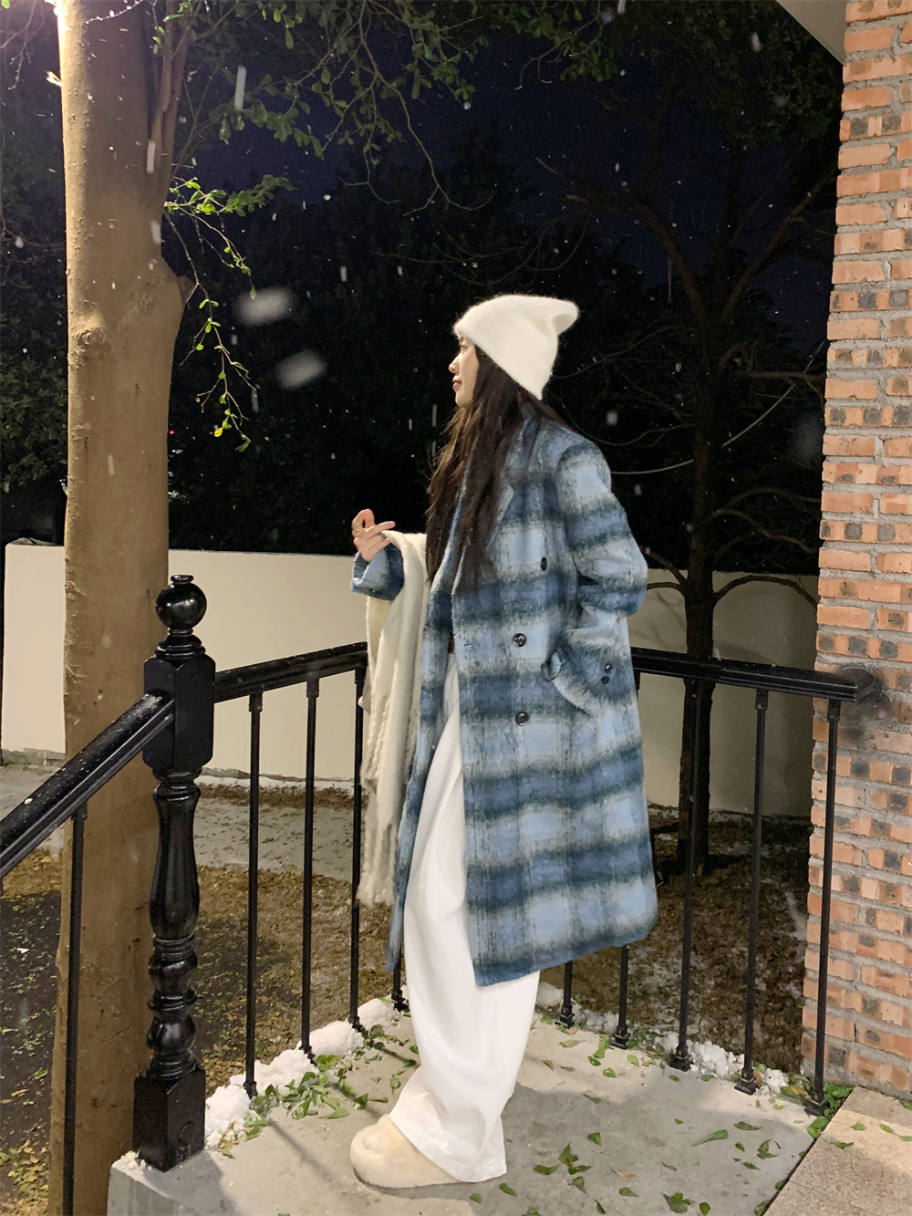 实拍~韩版时尚宽松冬季加厚气质毛呢格子风衣外套