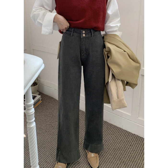 实拍秋季时尚新款韩版纯色高腰显高显瘦直筒垂感牛仔长裤