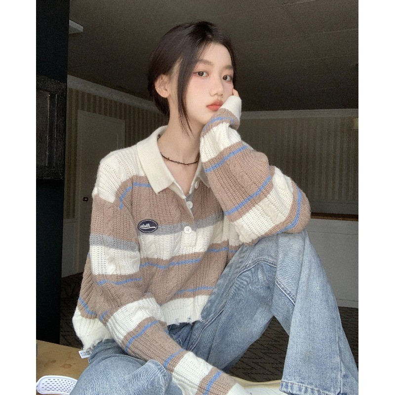 Polo collar striped sweater short ripped sweater women's design niche autumn and winter loose lazy style top