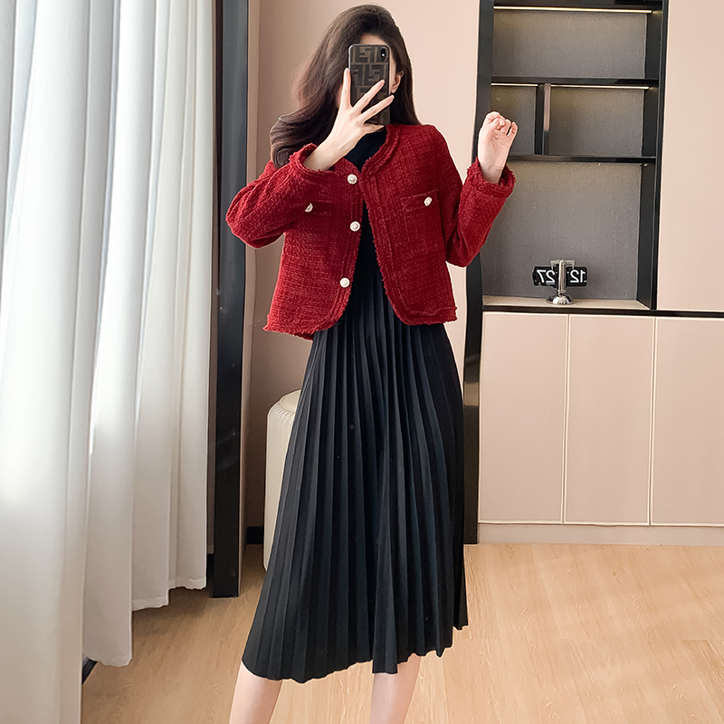 實拍小香風短款外套女2023春秋新款法式復古圓領兩件套長袖連衣裙