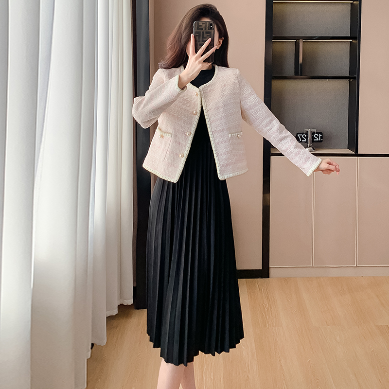 小香風圓領粗毛呢長袖短外套女秋冬2023秋季新款氣質兩件套連衣裙