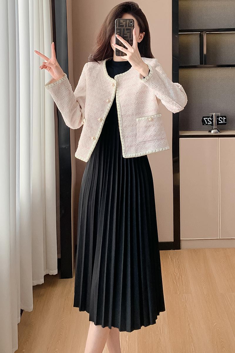 小香風圓領粗毛呢長袖短外套女秋冬2023秋季新款氣質兩件套連衣裙