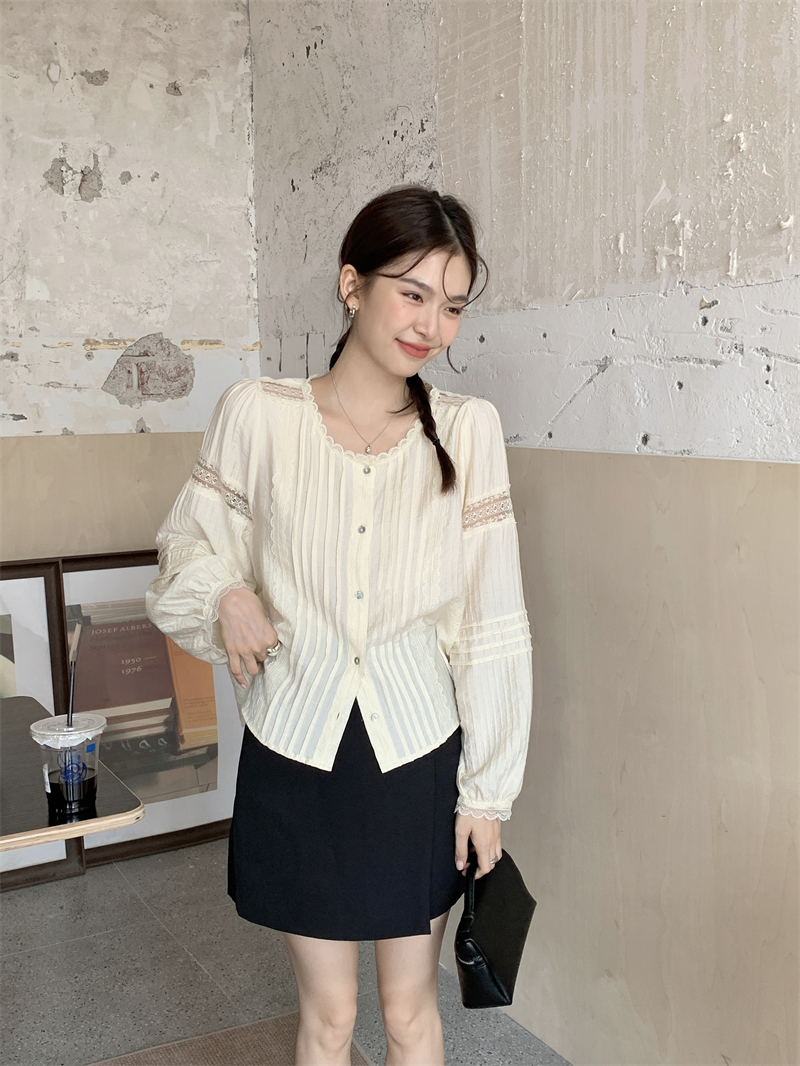 Actual shot ~ High-quality round neck, gentle style, long-sleeved shirt, loose and slim, autumn and winter top for women, Korean generation