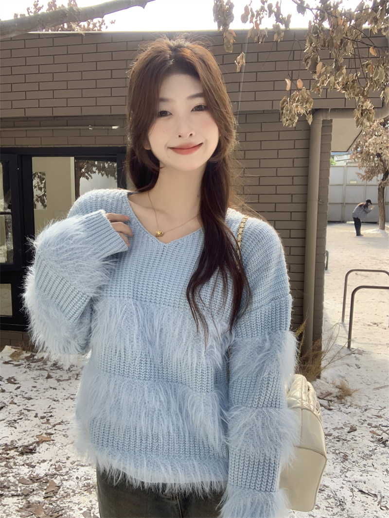 实拍 冬季新款韩系V领纯色仿水貂毛拼接宽松保暖长袖针织毛衣