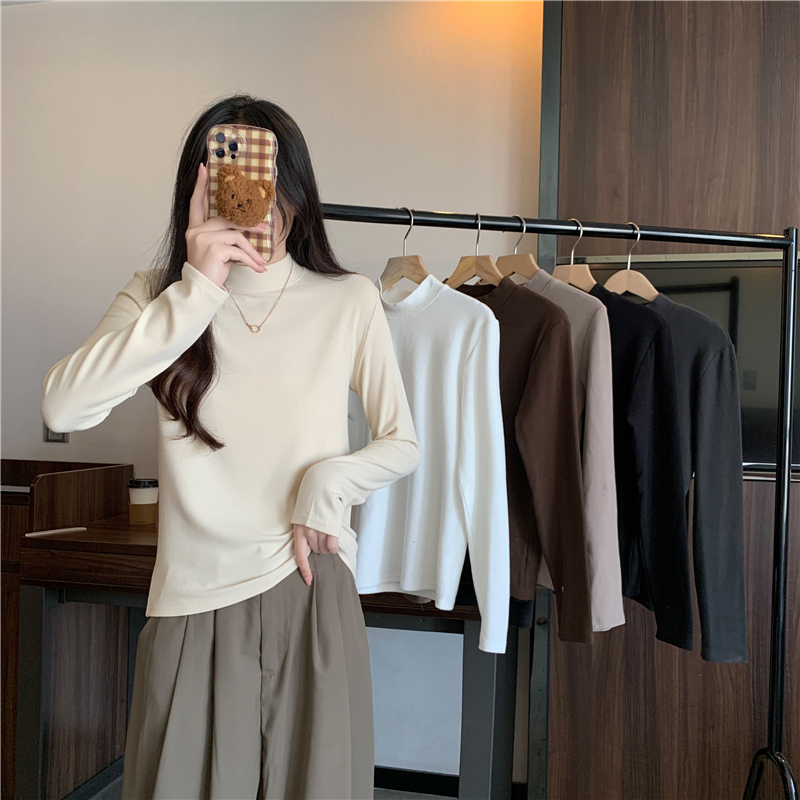 Real shot of quality autumn Korean style solid color half turtleneck slim slimming bottoming shirt long sleeve T-shirt for women