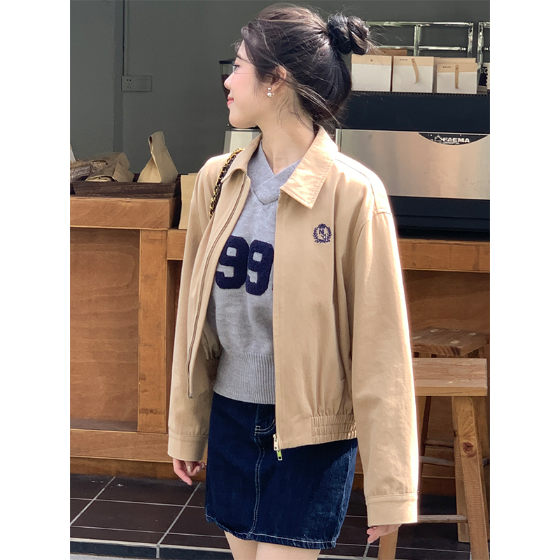 Real shot of autumn and winter small loose slim casual short zipper top for women retro khaki jacket