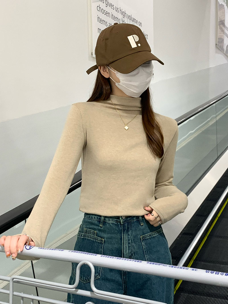 Actual shot of autumn and winter Korean style solid color half turtleneck cashmere thickened warm T-shirt long-sleeved top