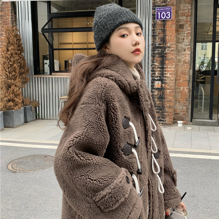  New Brown Bear Horn Button Lamb Wool Mid-Length Coat Thickened Hooded Granular Lamb Wool Jacket for Women