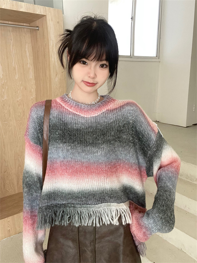 Real shot of pink tie-dye gradient pullover tassel sweater coat autumn and winter round neck lazy knitted top