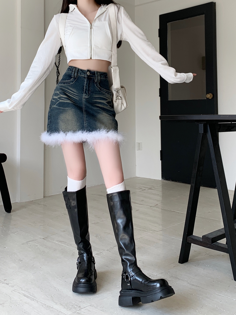 Actual shot #New high-waisted denim skirt for women, designer stretch splicing furry A-line short skirt
