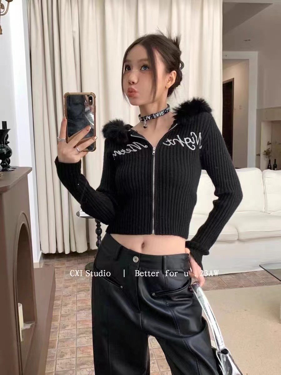  new autumn and winter hot girl style slim short pit knitted cardigan hooded sweater zipper short jacket
