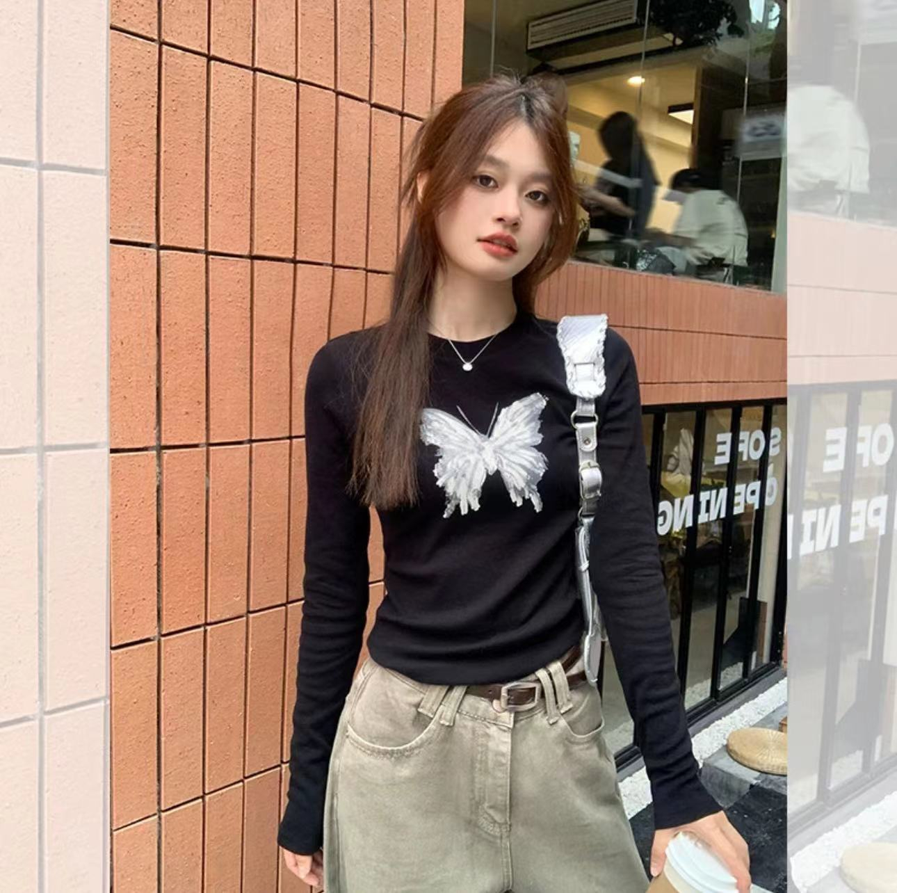Right shoulder long sleeve t-shirt bottoming shirt for women autumn sweet hottie tight short printed butterfly inner layering slimming top for winter