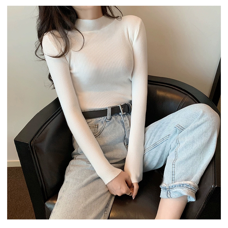 Long-sleeved pullover sweater tops for women in autumn and winter new style inner bottoming shirt slim fit half turtleneck