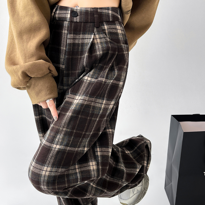 實拍 加厚格子褲女秋冬高級感顯瘦休閑褲窄版拖地毛呢直筒闊腿褲
