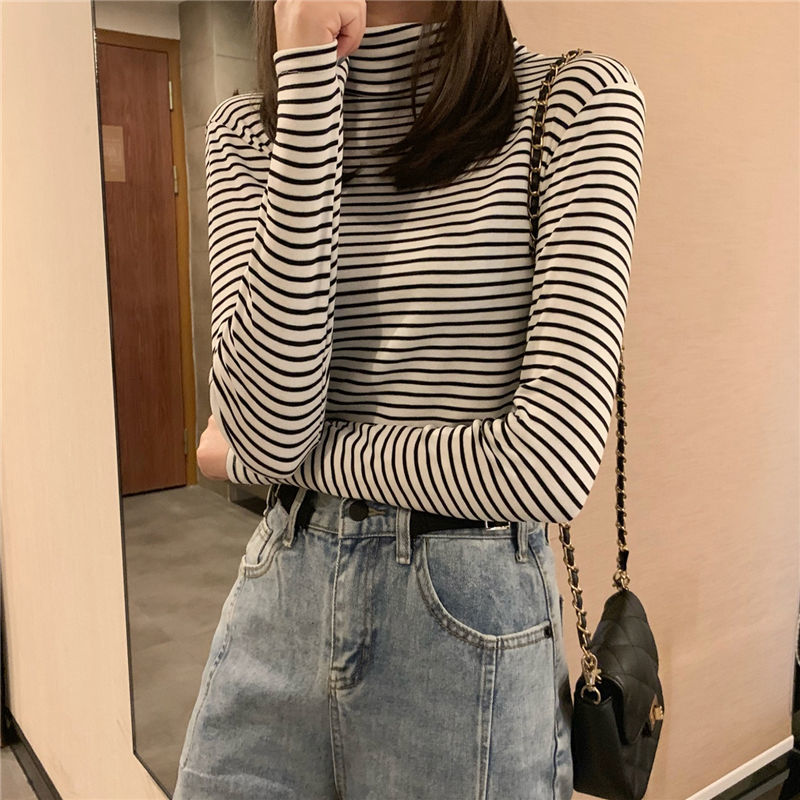 Half turtleneck striped long-sleeved T-shirt for women  early autumn and winter new style inner slim-fitting bottoming shirt brushed thickened top
