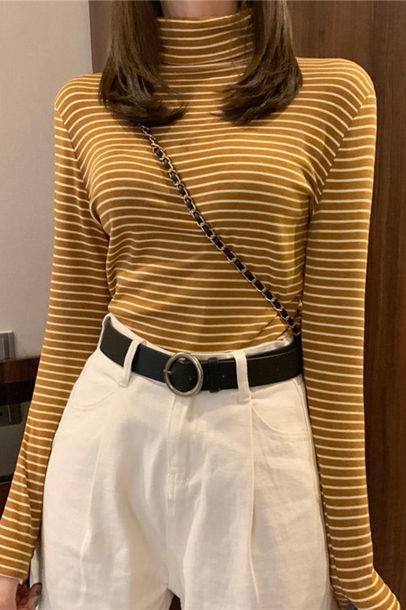 Half turtleneck striped long-sleeved T-shirt for women  early autumn and winter new style inner slim-fitting bottoming shirt brushed thickened top