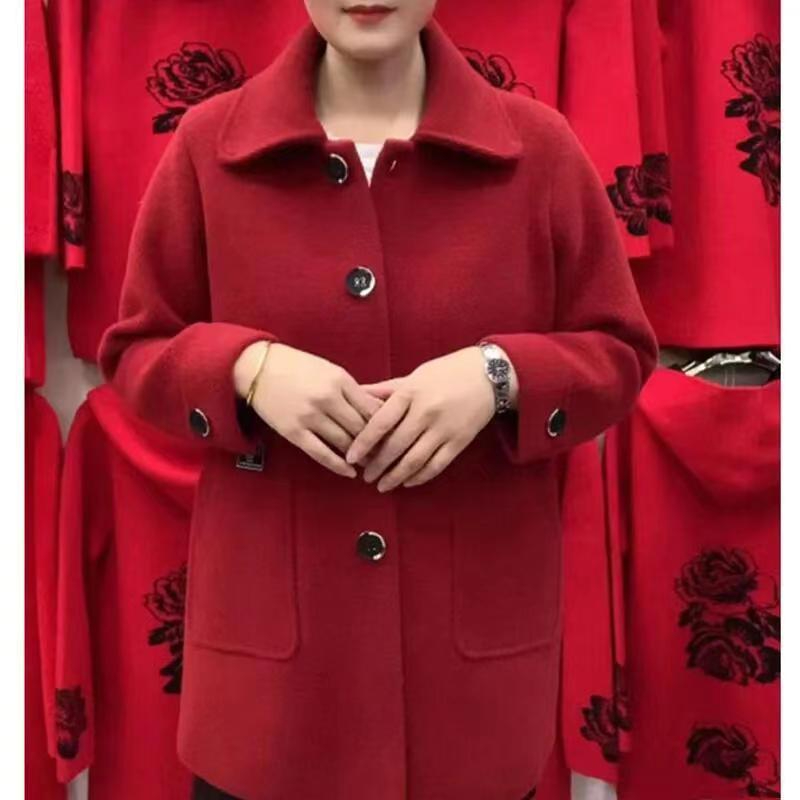 Spring and autumn new imitation double-sided woolen coat for middle-aged and elderly women, loose large size mother's wear, high-end versatile woolen coat for women