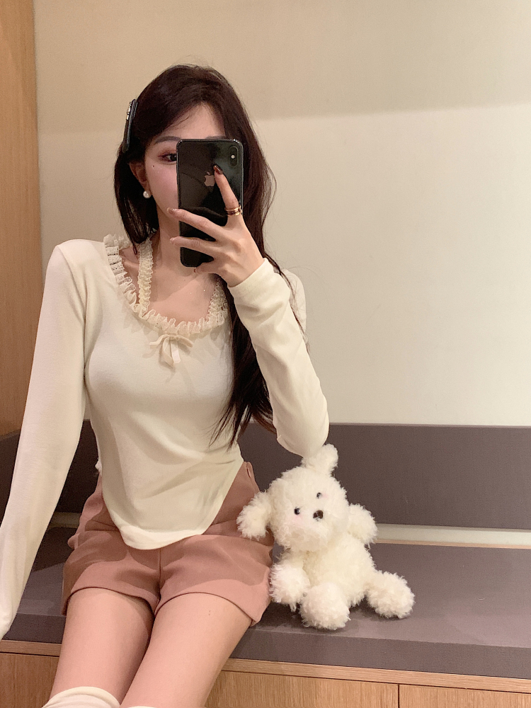 Actual shot ~ pure lust style slimming bow stitching knitted long-sleeved top bottoming shirt versatile
