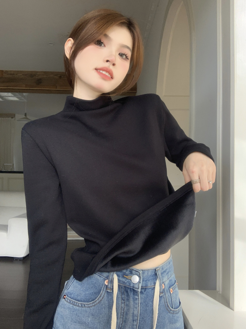 Real shot~Autumn and winter new Korean style simple half turtleneck plus velvet thickened pullover warm long-sleeved bottoming shirt